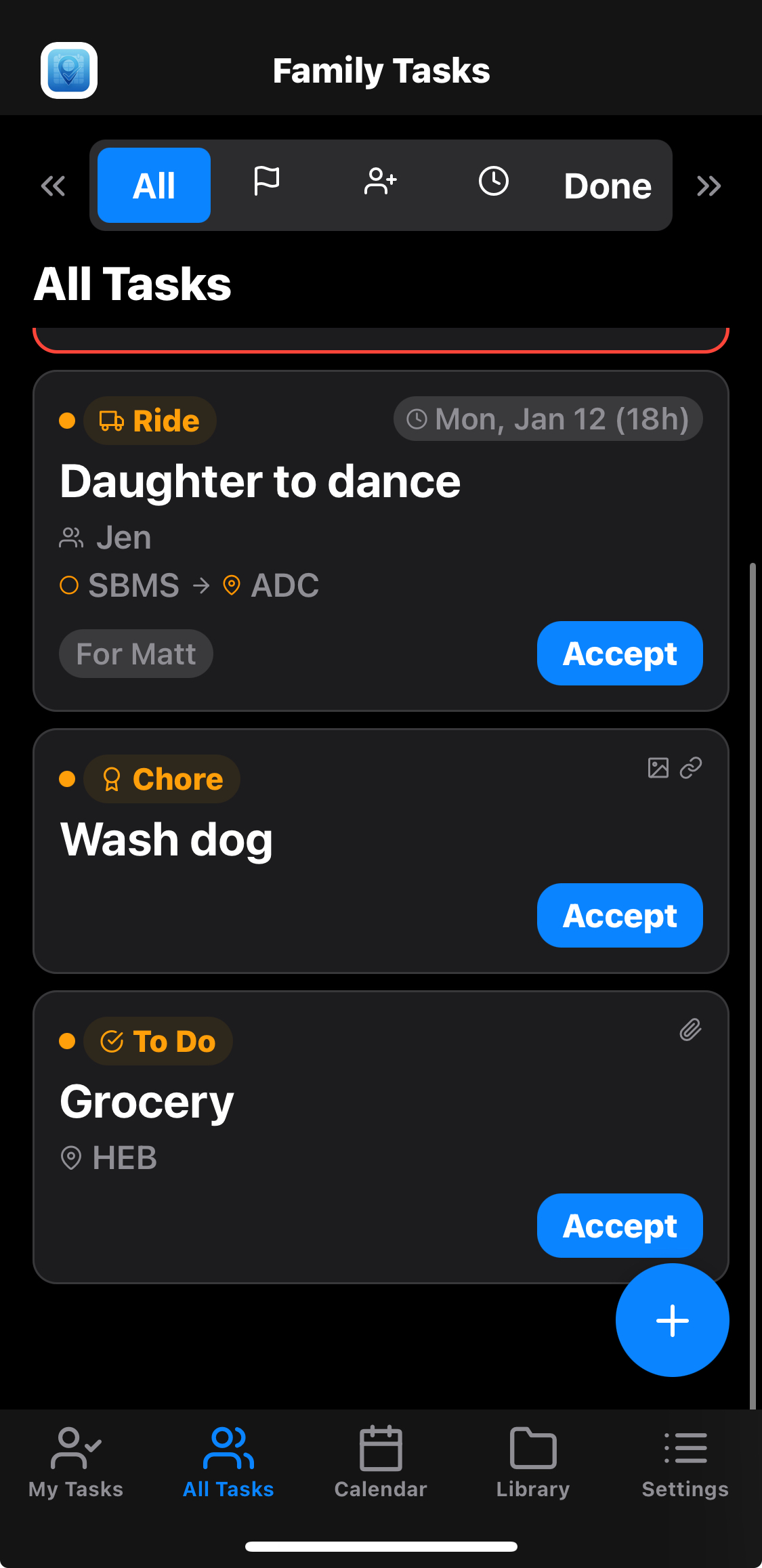 Screenshot of Family Tasks view
